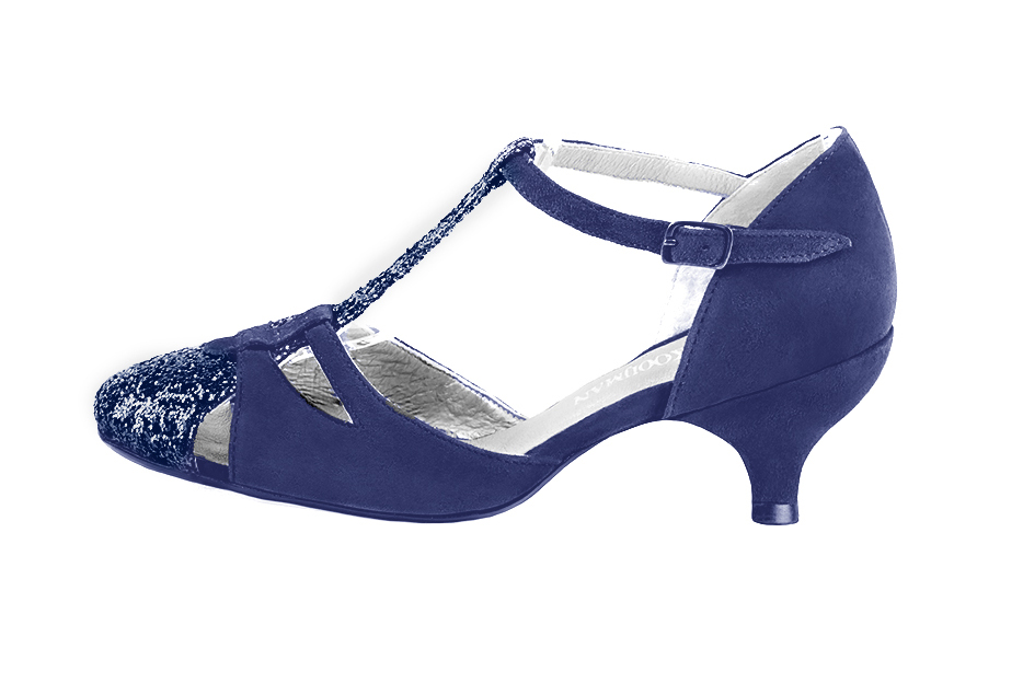 Prussian blue women's T-strap open side shoes. Round toe. Medium spool heels. Profile view - Florence KOOIJMAN